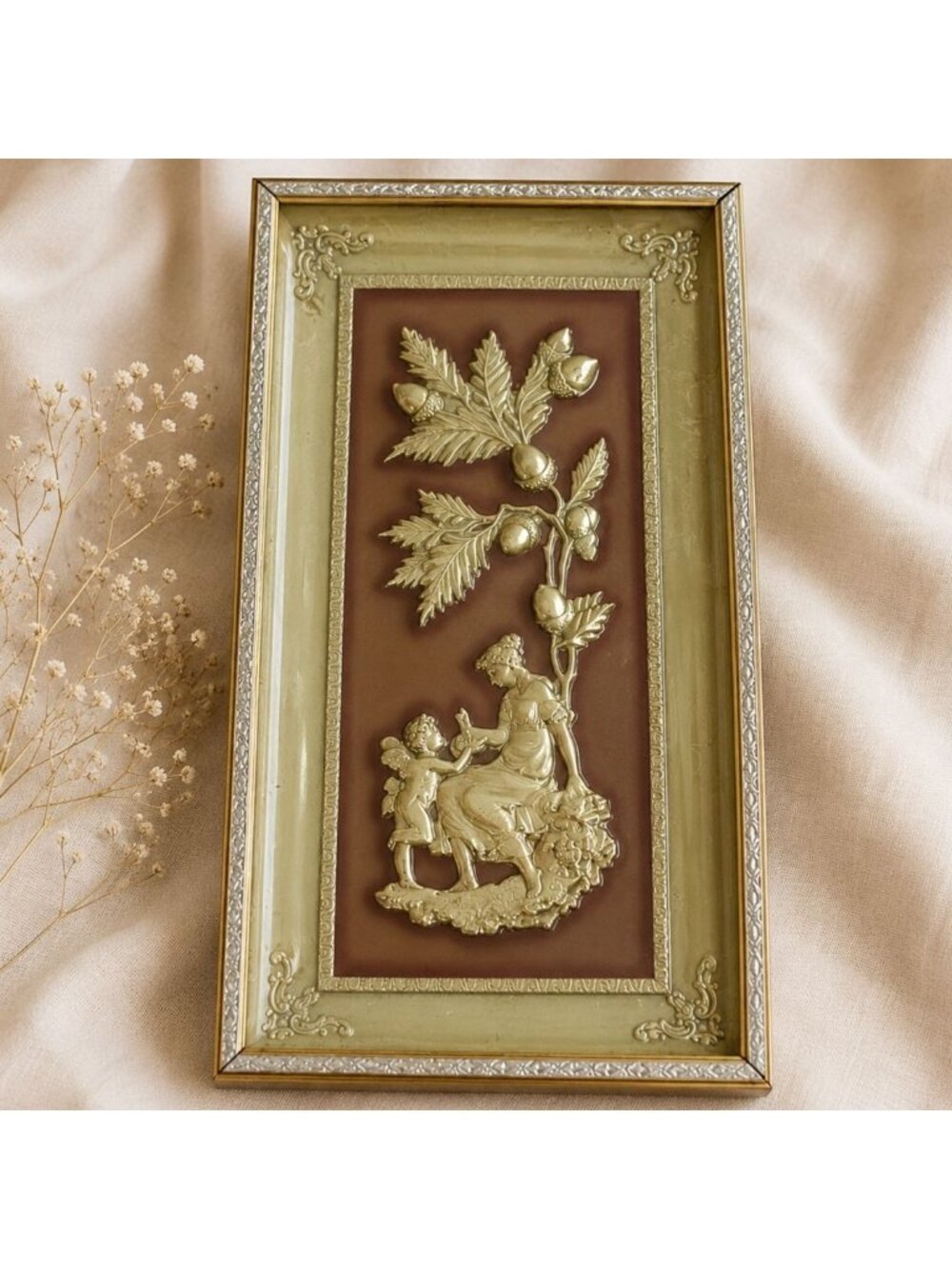 Vintage Metalcraft Wall Art Greek Goddess Cherub Shadow Box Silver Gold Tone